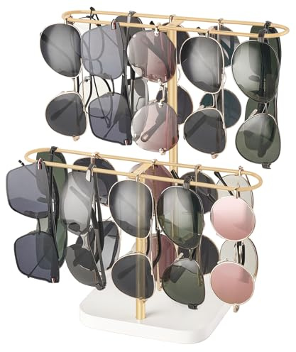 Mkono Sunglasses Organizer Glasses Holder Stand for 24 Pairs of Eyewear, 2 Tier Sunglass Storage Eyeglasses Display Rack Metal Frame with Wood Base for Table Desk Countertop (Gold)