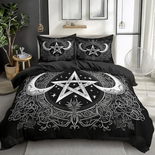 Quixora Dark Fantasy Mond Pentagramm Bettwäsche Set Schwarz Bettbezug mit Reißverschluss Pflegeleicht Atmungsaktiv Mikrofaser 135 x 200 cm 2 Kissenbezug 80x80cm
