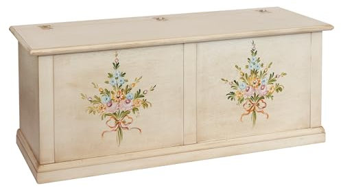 Vicentini arreda CASSAPANCA BAULE IN LEGNO SHABBY CHIC AP BIANCO ANTICATO DECORATO CON FIORI