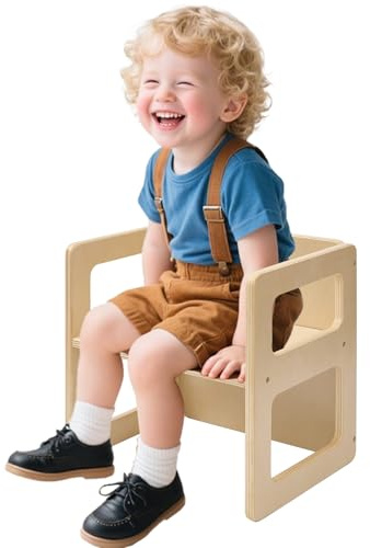FUNLIO Sedia per lo svezzamento Montessori regolabile in altezza per età 1-3, sedia in legno massiccio di qualità, per mangiare/leggere/giocare, mobili Montessori con certificazione CPC - Naturale