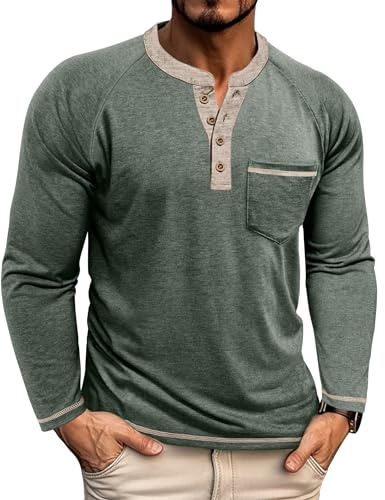 Mens Henley T-Shirts Collarless Grandad T Shirt Rugby Shirts Green T Shirt M