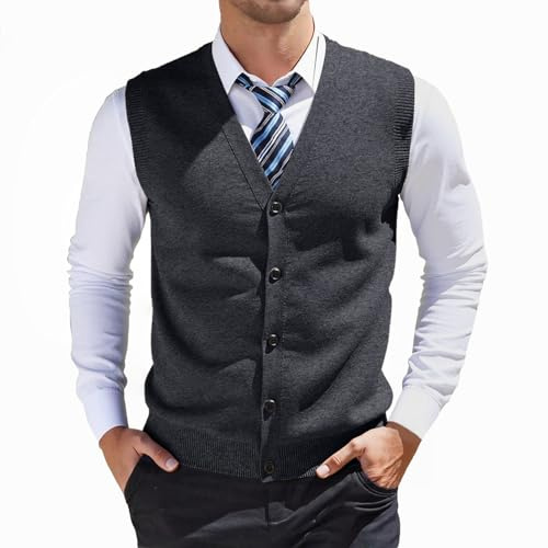 Generisch Jersey para hombre, chaleco de punto grueso, sin mangas, chaqueta de punto con botones, cuello en V, chaleco de negocios, ropa de punto, informal, chaleco regional, monocolor, camiseta sin