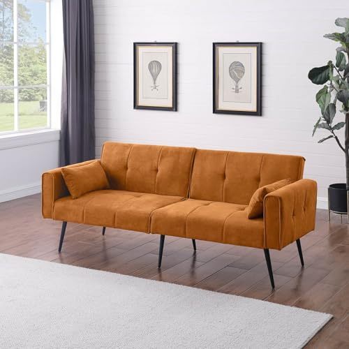 EURHCIO Canape 2 Places Convertible,Canapé Lit Convertible,Banquette 2 Places,Dossier Réglable,Pieds en Métal,Tissu en Velours Côtelé,pour Petits Appartements et Dortoirs (Orange-B)