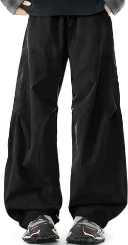 Haloumoning Boys Parachute Pants Kids Baggy Wide Leg Elastic Waist Track Pants Athletic Joggers with Pockets 5-14Y Black