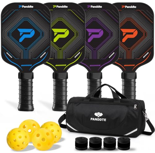 Panddte Raquettes de Pickleball, Lot de 4 en Fibre de Carbone Légères | Kit familial complet, balles intérieur et extérieur, sac de transport, surgrips supplémentaires, débutants et intermédiaires