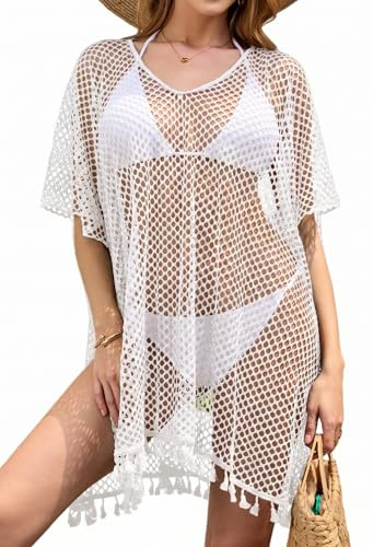 Dam Sexig Strandklänning med V-Ringning, Virkad Beach Cover Up med Fransar, Elastiskt Bikiniöverdrag för Sommar och Semester, Vit