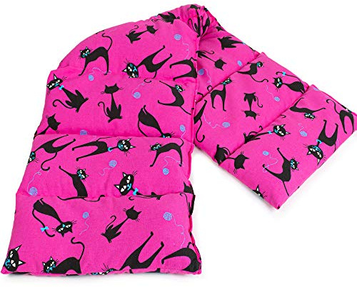 Cuscino termico - Cuscino con semi di uva, 75x20cm. Cuscino riscaldabile per la schiena, il ventre e molto altro, con 8 compartimenti. Terapia caldo e freddo (gatto nero-sfondo fuchsia)