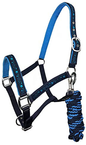 York Halfter Bella mit Führstrick Pferdehalfter mit Strick Halfterset (Shetty, dunkelblau-blau)