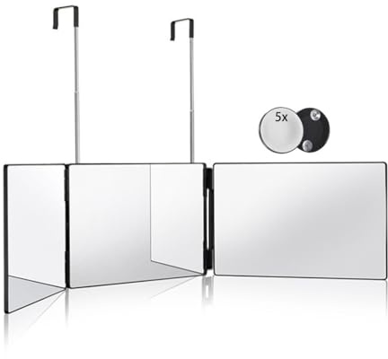 HIEEY 3 Way Mirror for Hair Cutting,360 Trifold Mirror with Height Adjustable Telescoping Hooks,and 5X Magnification,for Makeup, Hair Styling