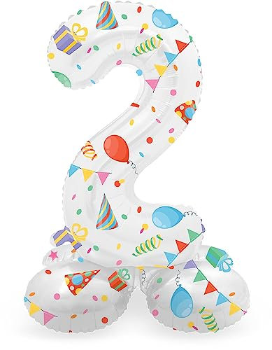 Folat 63962 Luftballon Geburtstag Stehender Ziffer Zahl 2 Joyful Party Weiß mit Geschenke und Dekoration 72 cm - Decoration Geburtstagdeko, Ballon Zahl, Kein Helium erforderlich