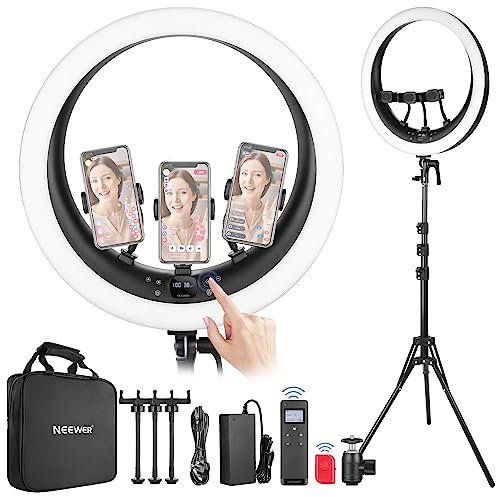 NEEWER 19 inch Ring Light with Stand, 3 Phone Holders and Mini Ball Head, Upgraded 2.4G & Touch Control, Smooth Dimming at 1%, 3200K-5600K for Selfie TikTok Live Streaming Video Recording Zoom, RP19H