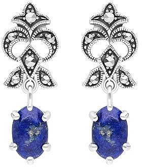 Esse Marcasite Sterling Silver Art Nouveau Lapis Lazuli & Marcasite Drop Earrings