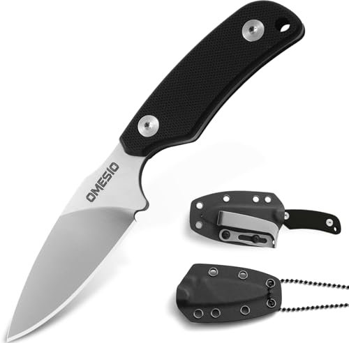 Omesio Couteau de Cou Petit Couteau de Cou EDC Avec Étui Kydex et Collier à Billes pour Suspendre, Lame D2 et Poignée G10
