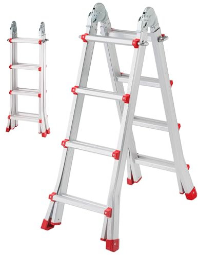 Escaleras Plegables Aluminio, Escalera Plegable, Escalera telescópica, Extensible en 4x4 (8+8 escalones) 4 Metros desplegada y 2 Metros en Tijera, válida hasta 150 kgs. con Normativa EN131