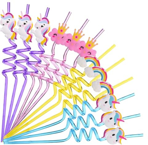 Unicorn Plastic Straws Reusable – 12 Pcs Colourful Curly Drinking Straws for Kids, Fun Bendy Cartoon Straws for Birthday Parties, Juice, Milkshakes, School Lunches & Everyday Drinks