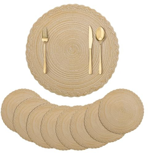 fanquare Manteles Individuales Trenzados Redondos con Patrón de Anillo de Crecimiento Mantel Individual de 8 Piezas con Borde de Encaje Duradero y Antideslizante, Cargadores de Mesa para Fiestas