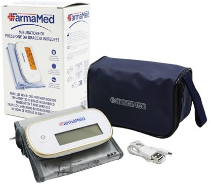 FarmaMed Misuratore Pressione Arteriosa da Braccio Digitale Wireless, Sfigmomanometro Digitale Braccio, Diastolica e Sistolica, Frequenza Cardiaca, 90 Memorie, Schermo LCD, Ricarica USB, con Custodia