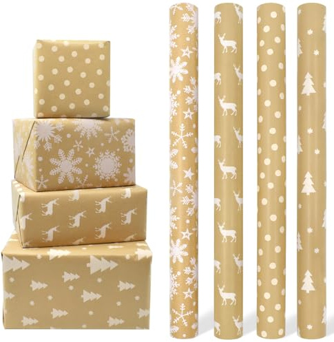 4 rollos de papel de regalo Kraft, 43 cm x 3 m, papel de regalo navideño reciclado, adecuado para Navidad, cumpleaños, fiestas, Halloween, baby shower, decoraciones festivas