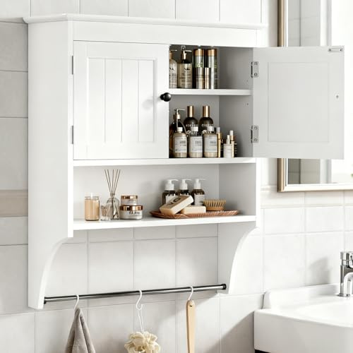 Bealife Bathroom Wall Cabinet with Towels Bar, Wall Mounted Medicine Cabinet with 2 Door and Adjustable Shelves, Space Saver Over Toilet Storage Cabinet for Bathroom Laundry Room Kitchen, White