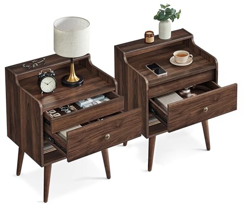 VASAGLE Nightstands, Set of 2, Bedside Tables with Hidden Drawers, Mid-Century End Side Tables with Solid Wood Legs, for Bedroom, Natural Walnut ULET624K01