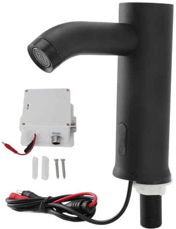 Grifo con sensor de movimiento automático, funciona con batería, vertical, sin contacto, con sensor infrarrojo, para baño, cocina, color negro
