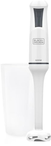Black+Decker - Mixeur Plongeant BXHB500E 600W | Design Compact et Ergonomique | Pied Amovible en Plastique | Anti-éclaboussures | Gobelet Doseur Inclus | Plastique | Blanc