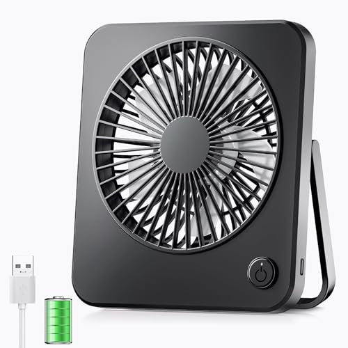 Mini ventilateur de table USB très silencieux avec batterie rechargeable de 2600 mAh, ventilateur portable suspendu pour bureau, chambre, salon, camping – Noir