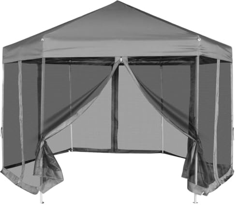 Sexkantigt popup-festtält med 6 sidoväggar, grå, 3,6 x 3,1 m