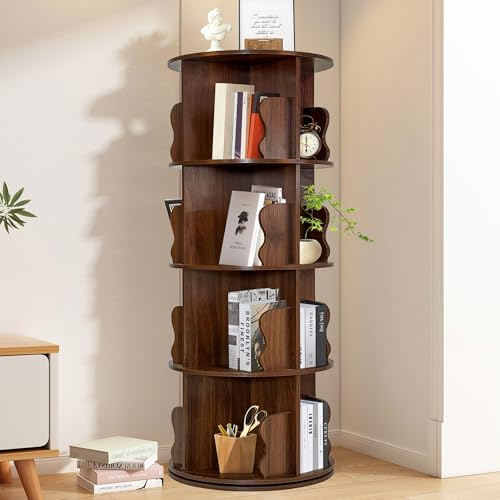 Libreria girevole a 360°, libreria in legno massello con 4 ripiani, 16 scomparti, per ufficio, per soggiorno, camera da letto, ufficio, marrone vintage