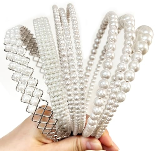 YONOY Pearl Headbands for Women, White Faux Pearl Hair Accessories, Dainty Bling Hairbands, 6 Pack, Perfect for Wedding Events