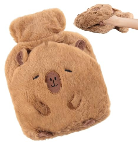 Waldspring Bolsa Agua Caliente Animal 1L, Bolsa de Agua Caliente Peluche Capibara Suave con Funda, Reutilizable y a Prueba de Fugas, para Niños & Adultos, Alivio del Dolor & Calor en Invierno