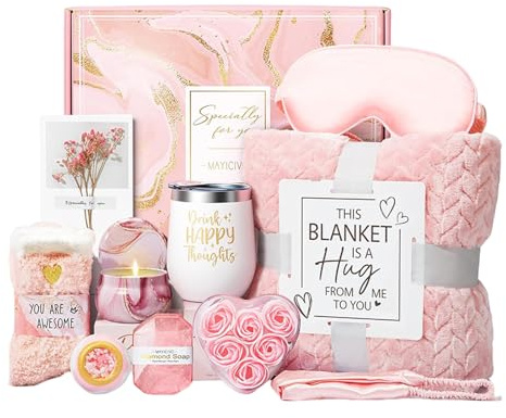 Kit de cuidado personal para mujeres, set de bienestar y relajación de lujo, cajas de regalo para mimar con manta de franela, cesta de cuidado personal para cumpleaños de mujeres, paquete de cuidados