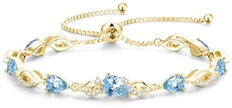 FANCIME March Birthstone Teardrop Aquamarine Tennis Bracelet for Women, 14K Gold Plated Sterling Silver Adjustable Slider Bracelet Fine Jewelry Anniversary Birthday Gifts for Women Mom Wife Her