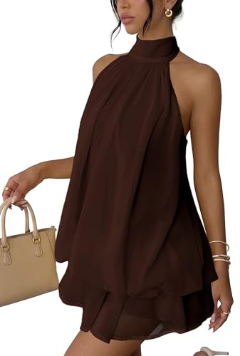 Xiaoliny Robe Femme Chic et Elegant Été Robes Courte Ample Col Halter sans Manches Sexy Mini Robe Dos Nu à Nouer Casual Robes en Mousseline Volants Fluide Dresses pour Soirée Clubbing Plage Vacances
