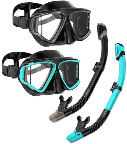 Snorklingsutrustning för vuxna, snorkelset, dykmask med HD-panorama och torr-topp, snorkling, anti-dimma och anti-läckage, simglasögon med nässkydd, simresekit