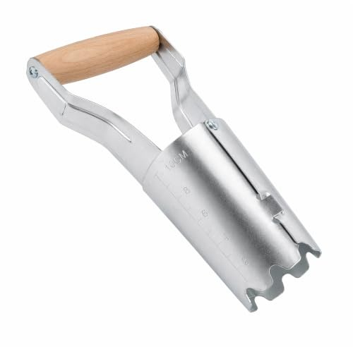 SLIAXINT plantador de bulbos de Acero Inoxidable sembradora Manual de Plantas con una Marca de Profundidad de 4 Pulgadas Herramientas de jardinería con Mango de Madera para Tulipanes narcisos