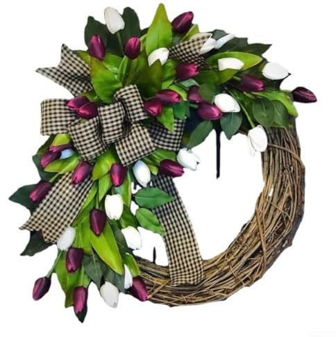 ZWEquipint vårttulpankrans för ytterdörren, 35 cm lila sidenblomma cirkel med naturlig rottingbas, elegant blommig heminredning hängande (35 cm)