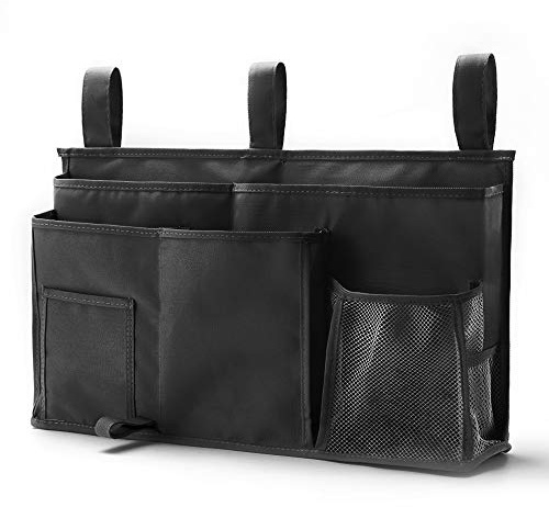 PACOLO Caddy Hanging Organizer Bedside Storage Bag, 600D Oxford Cloth with Hook&Loop Fastener for Bunk and Hospital Beds,Dorm Rooms Bed Rails(8 Pockets) (Black)