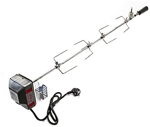 Wiltec BBQ Grillspieß 110cm 230V aus Edelstahl, inkl. 4 Fleischklammern, inkl Ausgleichsgewicht