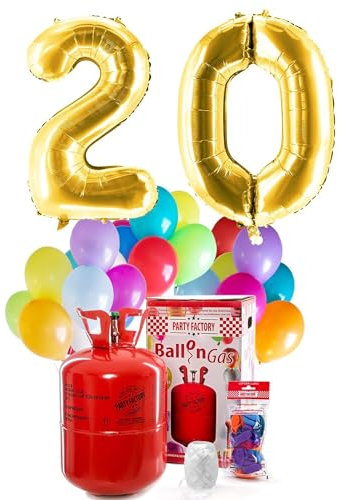 Party Factory – Helium Gasflasche 400L Komplett Set mit XXL Zahlenballon 20 Gold – Partydeko Ballongas Flasche mit Folienballon, 30 Latexballons & 40m Ballonschnur – Für Geburtstage & Feiern