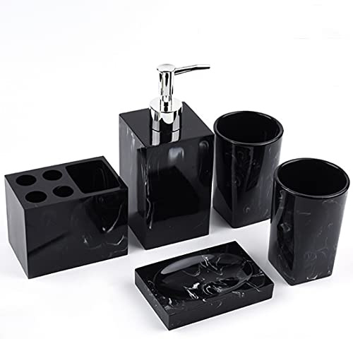 Badezimmer Zubehör Badausstattung Sets 5-Teiliges aus Harz ,Marmor aussehen mit Seifenspender, Zahnputzbecher, Seifenschale,Zahnbürsten-Halter, luxuriöses Badezimmer-Set Weiß Schwarz (Schwarz-B)