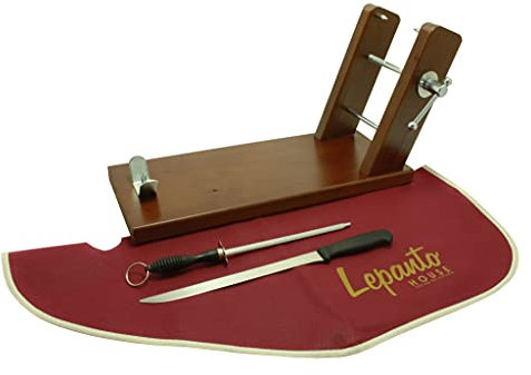 Jamonero Modelo Reserva con Set de cuchillo Jamonero, chaira y cubre jamón burdeos, Soporte para Jamón y paletillas fijo realizado en madera de pino color nogal. Antideslizante