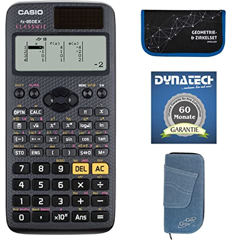 DynaTech Taschenrechner-Set Taschenrechner Casio FX-85 DE X mit Schutztasche Jeans hell kompatibel mit FX-85 DE X im Set mit Zirkelset in blau und Garantieverlängerung