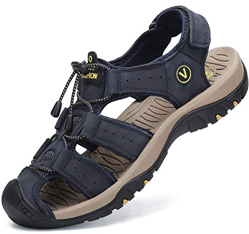 FLARUT Men's Sport Sandals Outdoor Hiking Sandals Closed Toe Lightweight Leather Athletic Trail Walking Casual Sandals Water Shoes (A-Blue,EU 48,UK 13)