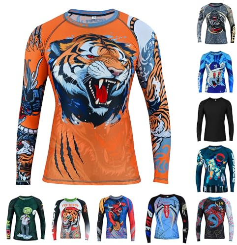 Roar BJJ Kid's MMA Rash Guard Training No-Gi and Gi Jiu Jitsu Rashguard MMA Grappling Compression Shirts Wrestling (US, Alpha, X-Small, Regular, Tiger-Dragon)