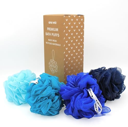 ana wiz Premium Bath Puffs Made from 100% Recycled Materials | Pack of 4 Super Soft Large Exfoliating Puffs | Long-Lasting, Durable & Recyclable (Under The Sea)