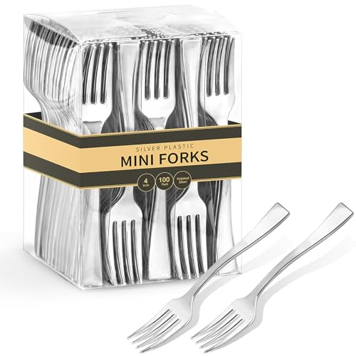 Qeirudu 4 Inch Silver Plastic Mini Forks, 100 Pack Disposable Appetizer Forks Heavy Duty Tiny Forks for Party Small Desserts, Charcuterie, Samples, Cocktails and Strawberries