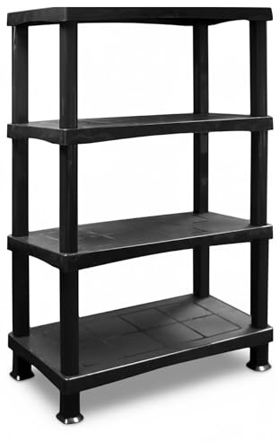 KYY'Z 4 Tier Large Storage Racking Shelves Plastic Shelving Unit Home Garage Shed Warehouse Utility Room Push Fit Assembly No Tools Required Black (4 Tier Large Racking Shelves Black)