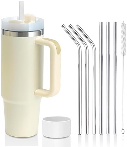 YuanDiann 850 ml/30 oz dubbelväggig rostfritt stål vakuum isoleringsmugg med handtag och lock kaffemugg To Go dryckesmugg resemugg bilmugg med sugrör rostfritt stål och silikonskydd beige