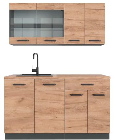 Vicco Küchenzeile R-Line, Goldkraft Eiche, 140 cm, AP Eiche, zur flexiblen Erweiterung mit weiteren Modulen geeignet